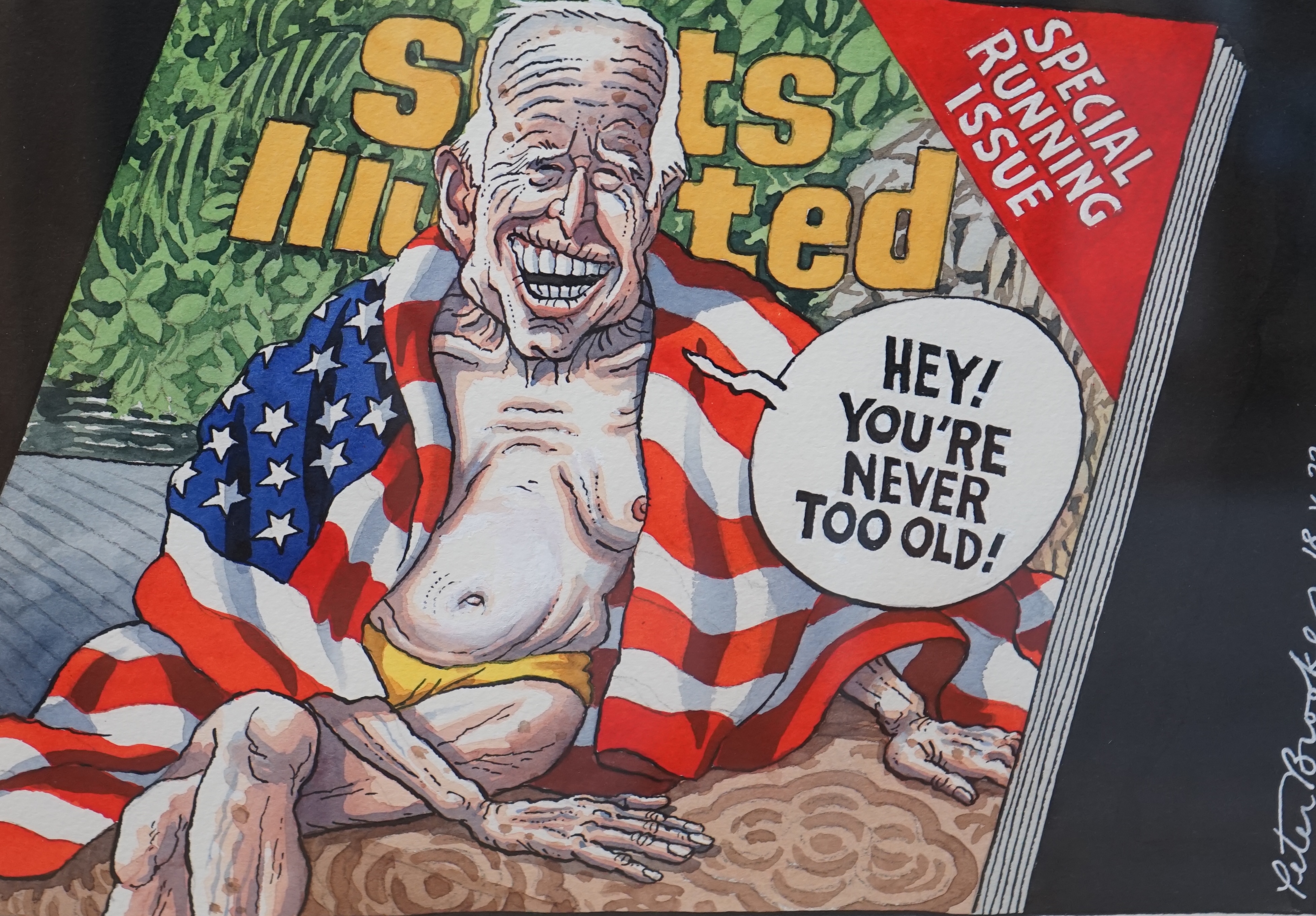 Peter Brookes (b.1943), ink and watercolour, cartoon, 'Hey! You're never too old!', signed and dated 18 V 23, illustrated The Times 18th May 2023, 20 x 28cm. Condition - good
